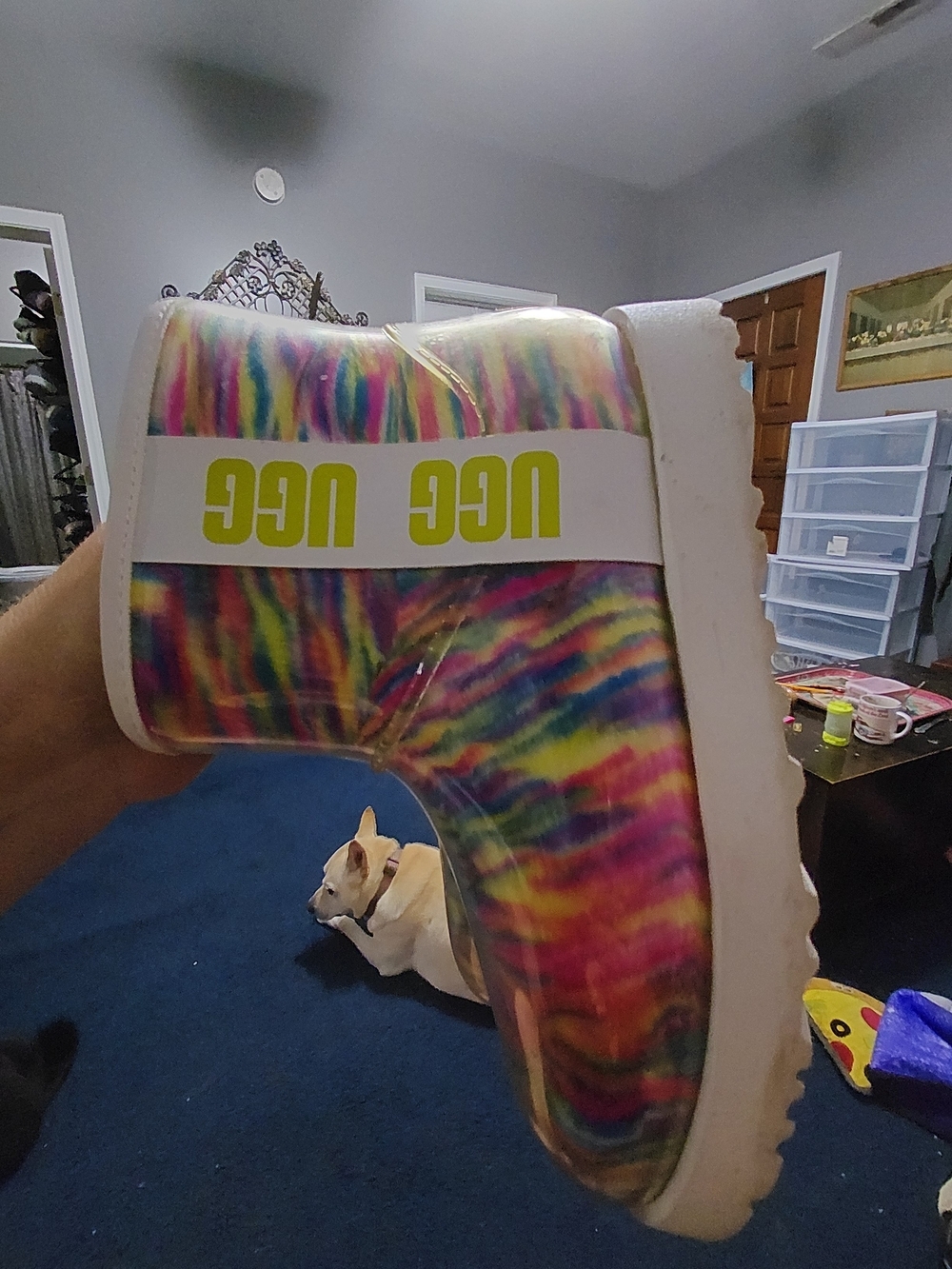UGG Multicolor Tie-Dye Platform Slide with White Logo Strap